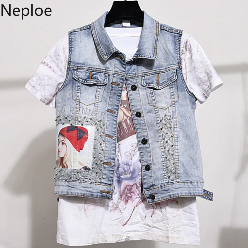 Neploe из двух частей комплект Для женщин с принтом для девочек(комплект Бисер Однобортный жилет+ комплект со штанами с карманами Джинсы с застежкой на пуговицах модные костюмы 43714