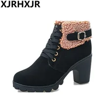 Полусапоги на Высоком толстом каблуке; женская модная теплая обувь с круглым носком; Зимние ботильоны на меху с пряжкой