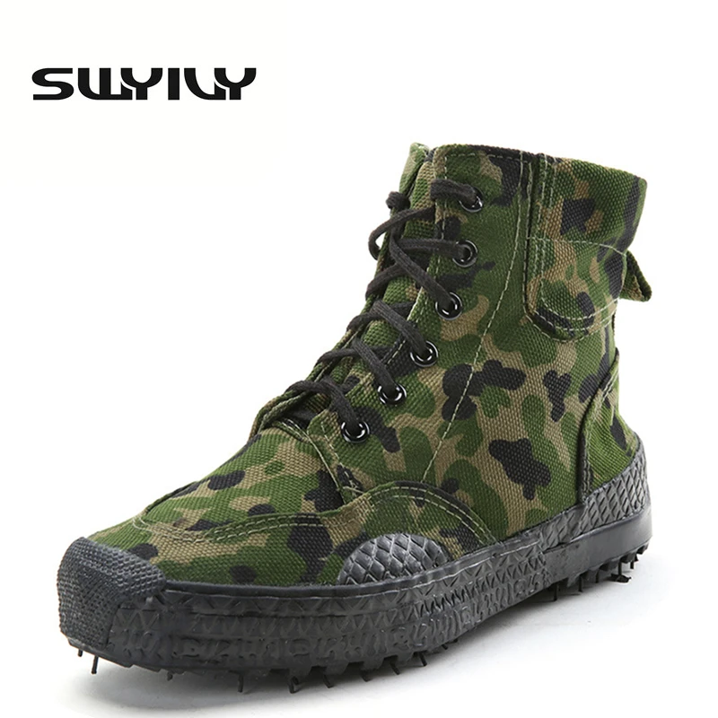 SWYIVY Canvas Camouflage High-top Men Hiking Shoes Anti-slip Outdoor Training Trekking Sneakers Lacing Climbing Sports Shoes