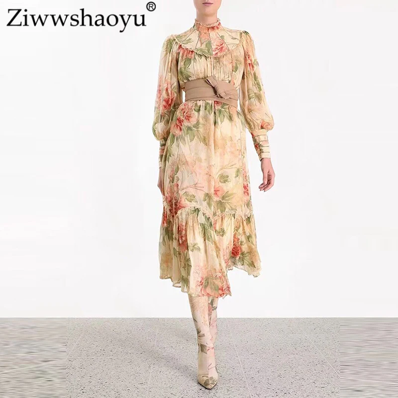 

Ziwwshaoyu AutumnPrint Dress For Women Stand Collar Lantern Sleeve High Waist Lace Up Dresses New women's