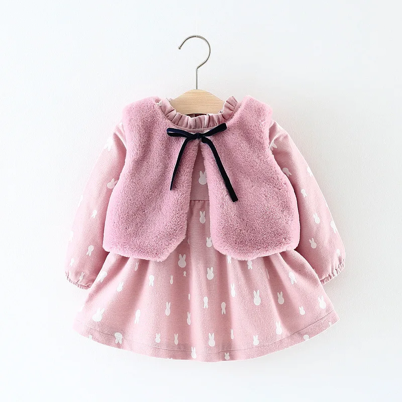 KISBINI/зимние платья для маленьких девочек+ жилет комплект из 2 предметов Платье с принтом теплый жилет из плотного бархата с лентой детская одежда на бретелях