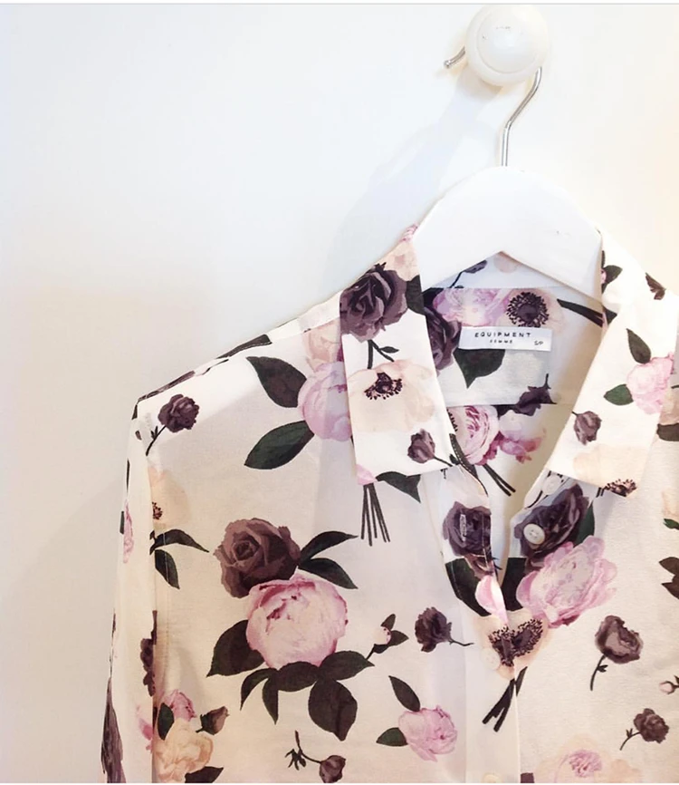 INS популярный EQ шелк женский фиолетовый цветочный принт длинный рукав рубашка Леди soie Блузка Весна Осень