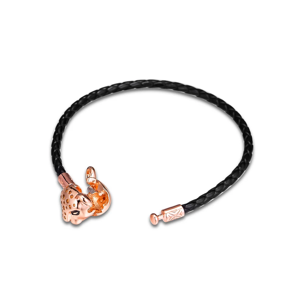 Черный кожаный браслет с застежкой в виде Розы львицы, ювелирные изделия из стерлингового серебра для женщин, модный Европейский браслет
