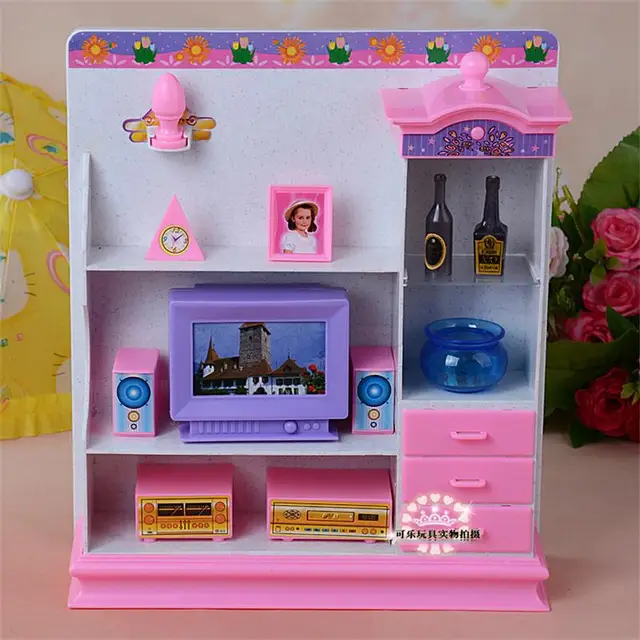 US $31.38 For Barbie Doll Furniture Accessories Plastic Toy Simulation With light Living Room TV Bookcase Set