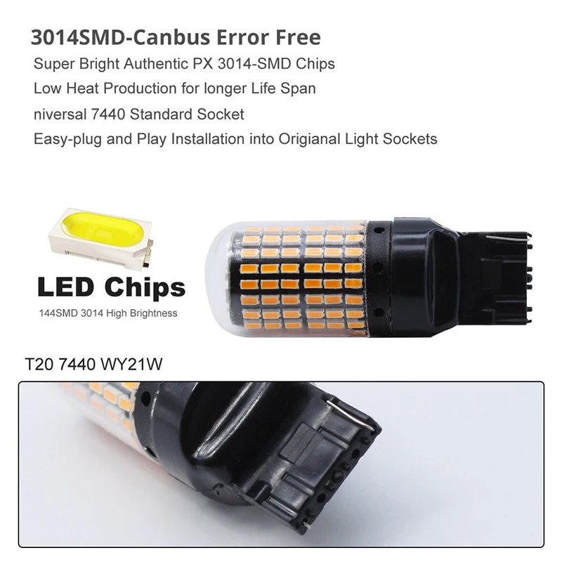 2x T20 7440 WY21W 144SMD Светодиодные Автомобильные задние обратный резервный Светильник лампы 56*20 мм