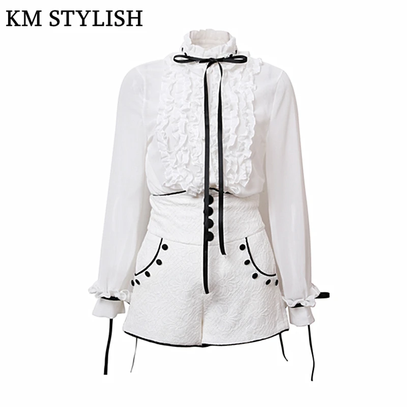 2018 Early Autumn New Bow Tie Stand Collar Lace Chiffon Long Sleeve Shirt + Lace Shorts Fashion Set Women's Sets