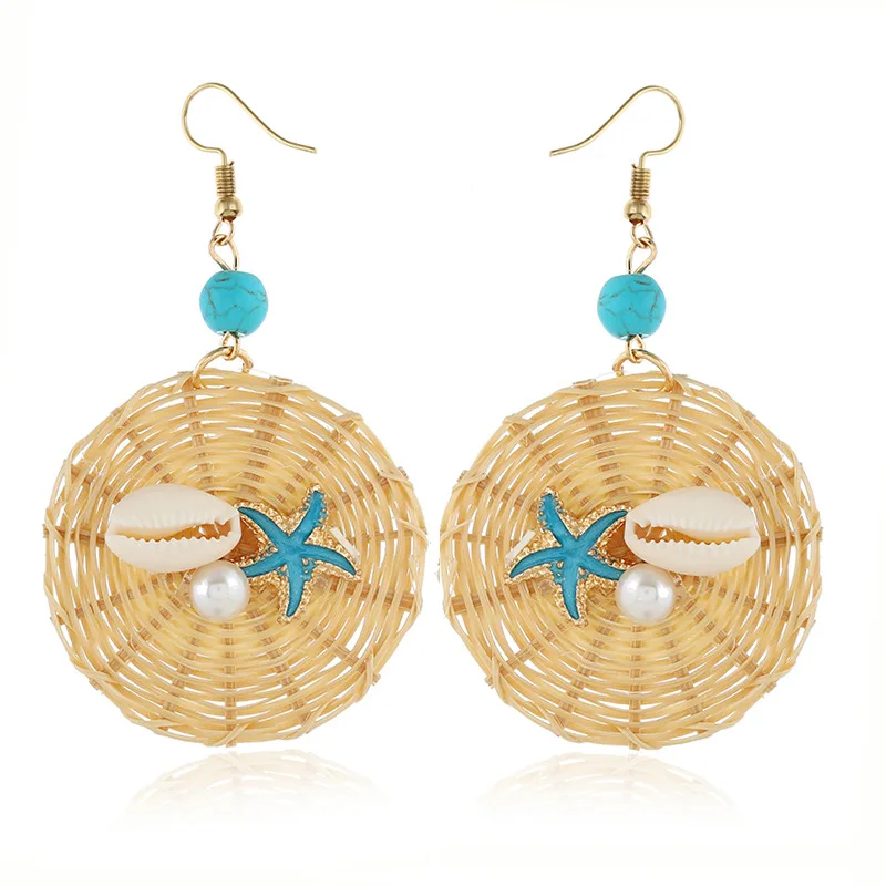 

2019 Bohemian Wooden Round Rattan Straw Earrings for Women Summer Shell Pearl Fringe Earrings Fashion Jewelry oorbellen