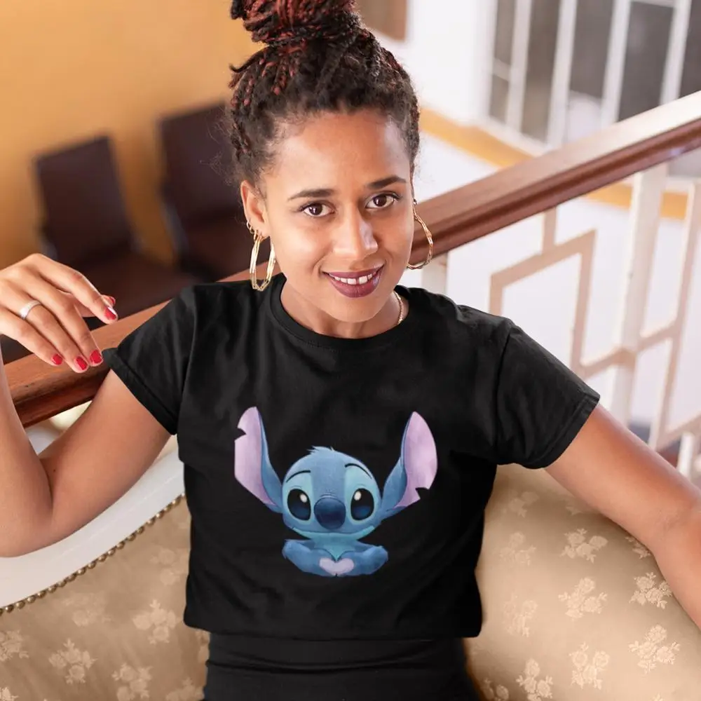 

Lilo And Stitch T-Shirt Stitch Heart T Shirt XXL Simple Women tshirt Summer Print O Neck Purple Cotton Ladies Tee Shirt