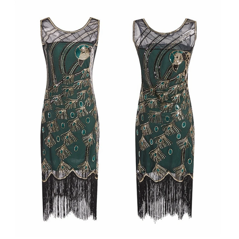 

Women Flapper Dress Vintage O Neck Peacock Sequin Fringe 1920s Great Gatsby Charleston Dress Art Deco Ganster Party Costumes