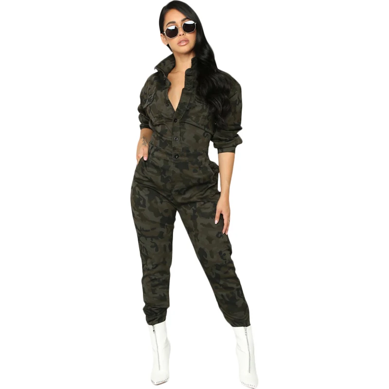 

2019 Autumn Casual Women Pockets Camouflage Jumpsuits Sexy V-Neck Full Sleeve Jumpsuits Ladies Hollow Out Night Club Jumpsuits