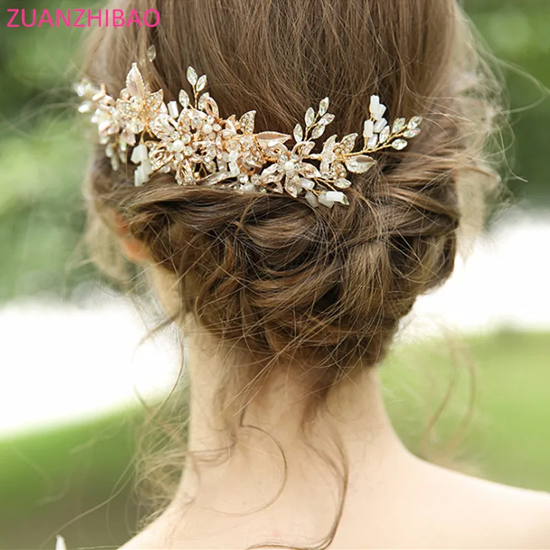 Flower Bridal Hair Comb Pins Crystal Rhinestones Pearl Tiaras Bride Head Jewelry Headpiece Wedding Accessories | Украшения и