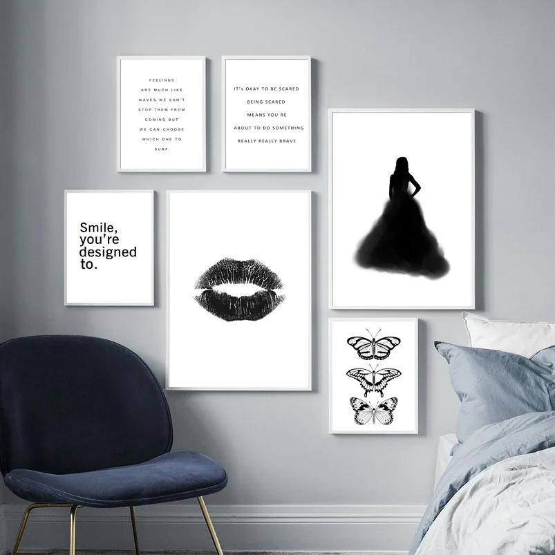 

Black White Watercolor Girl Lip Butterfly Wall Art Canvas Painting Nordic Posters And Prints Wall Pictures For Living Room Decor