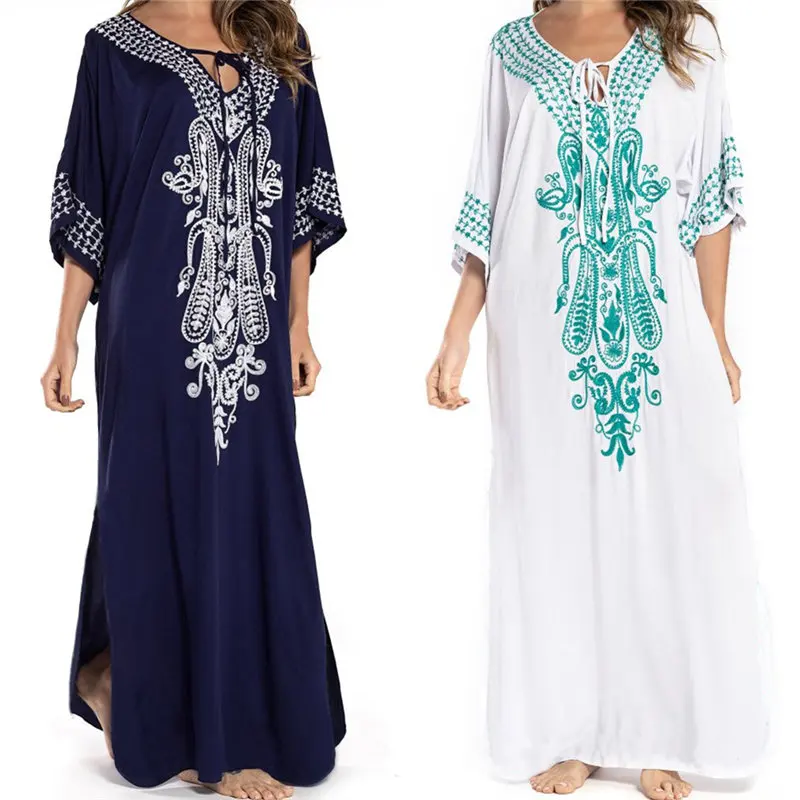 

2019 Indie Folk Embroidered Short Sleeve Summer Dress Cotton Tunic Beach Kaftan Women Beachwear Swimsuit Cover Up Robe de plage