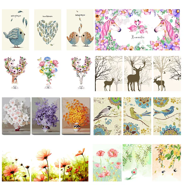 

3x DIY Oil Painting by Numbers animal Triptych Modular Coloring Picture unicorn Abstract Paint flower Wall Sticker Unfinished
