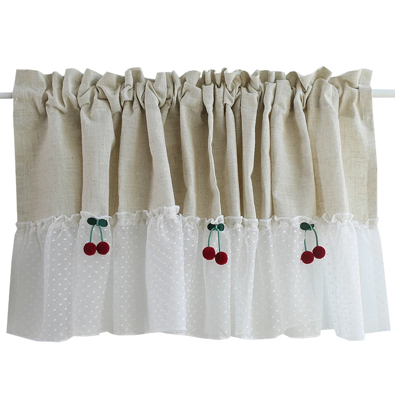 1 PCS Rod Pocket Cherry Lace Half Curtain Living Room Divided Beige Linen Short Curtain Kitchen Cabinet Cafe Drapes Home QT048D3