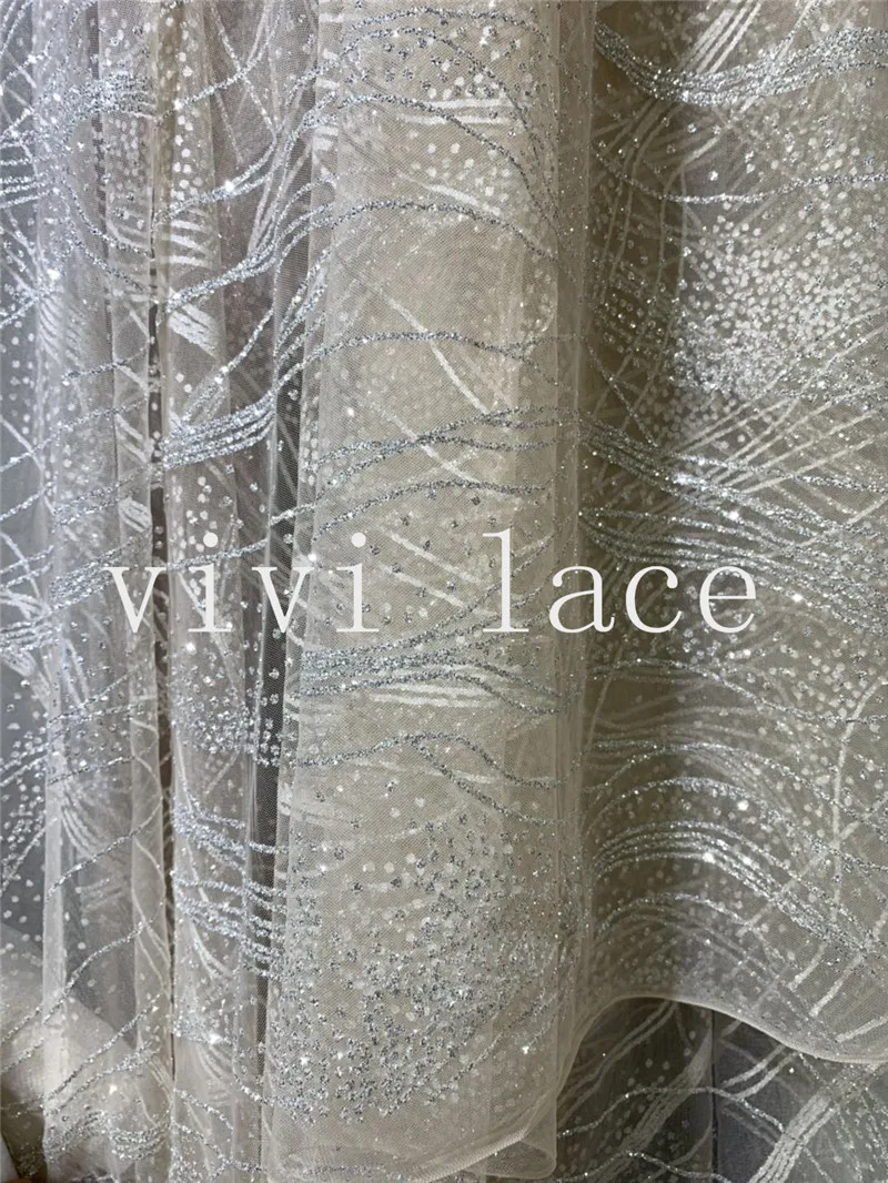 

5yards/bag le018 # silver luxury color glued sparkle glitter tulle mesh lace fabric for wedding dres