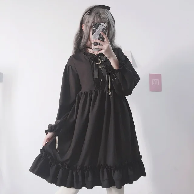 Japanese Sweer Lolita Harajuku Black Ruffles Dress