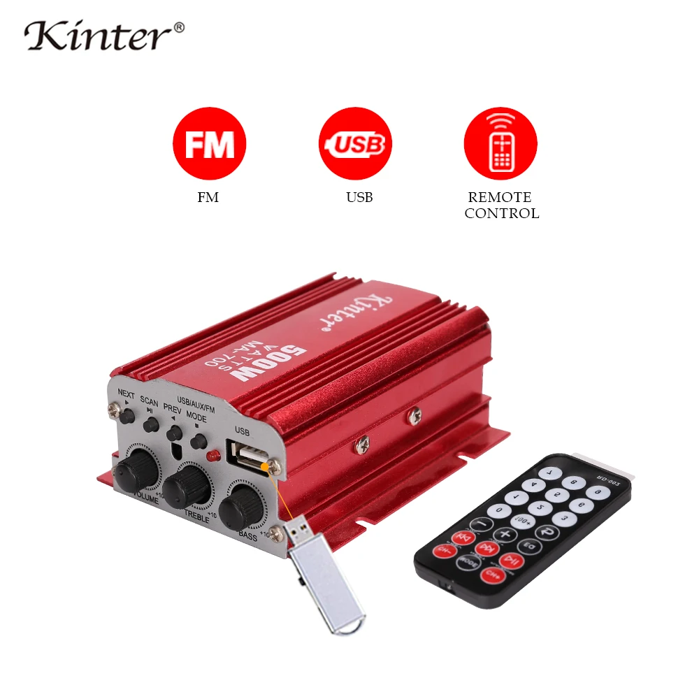 

Kinter MA-700 wholesale Mini amplifier audio 2.0CH DC12V support USB input FM radio play stereo sound supply remote control