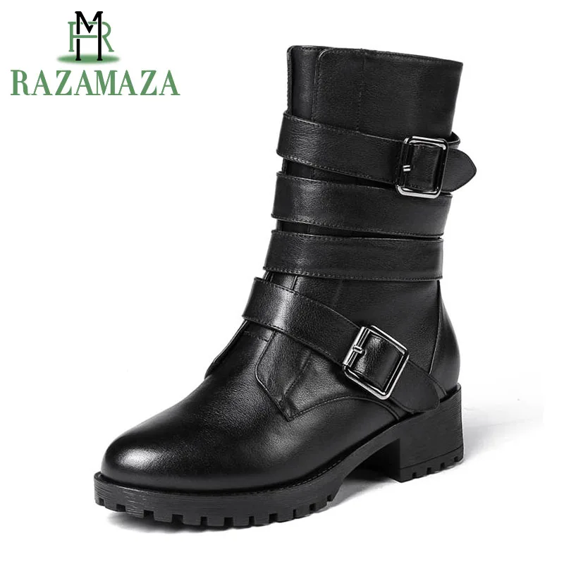 

RAZAMAZA Mature Lady Thick Heels Mid Calf Martin Boots Shoes Strappy Warm Fur Winter Fashion Snaker Skin Natural Leather Shoe
