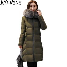 Натуральным лисьим мехом пуховик Новинки для женщин Высокое качество утка пуховик средней длины плотная парка с капюшоном Женский Плюс Размеры M-3XL ST533