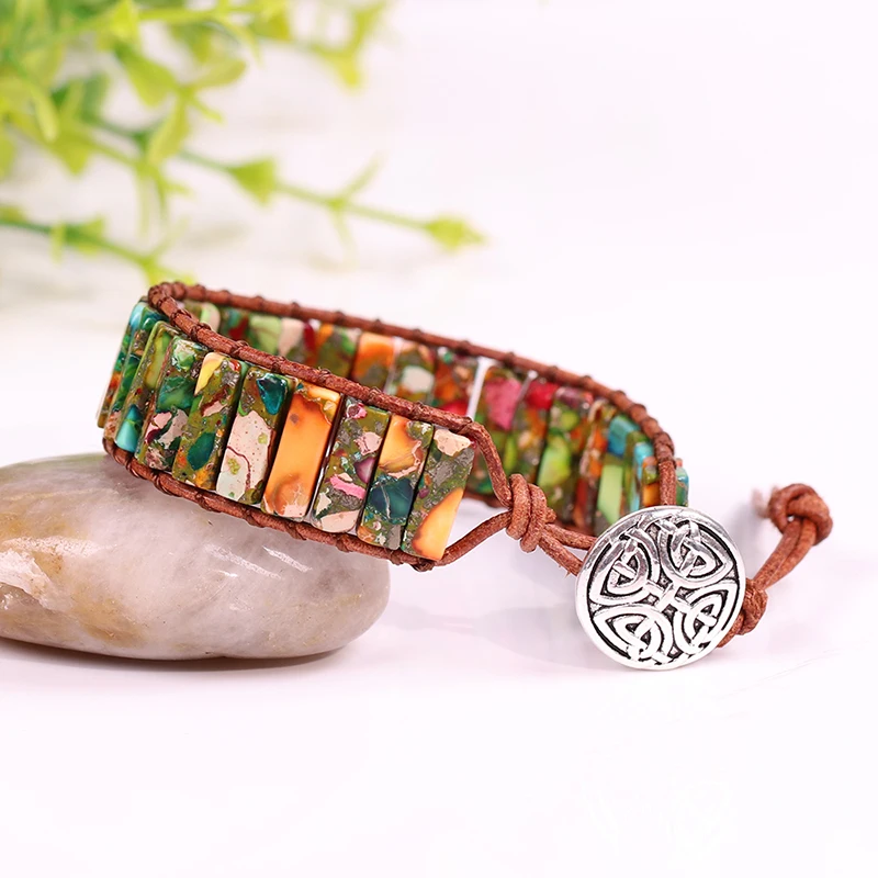 Разноцветный натуральный камень браслет из бисера винтажный кожаный браслет ручной работы браслет для женщин летние ювелирные изделия