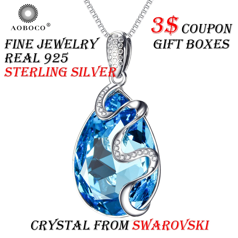 

Ribbon Blue Water Drop Crystal From Swarovski Pendant Necklace Gift For Women Girl AOBOCO Brand 925 Sterling Silver