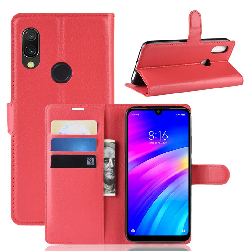 Кожаный чехол для Xiaomi Redmi 7, чехол из искусственной кожи, мягкий ТПУ с отделениями для карт, с рисунком личи, флип-кошелек, чехол для телефона Redmi 7, чехол