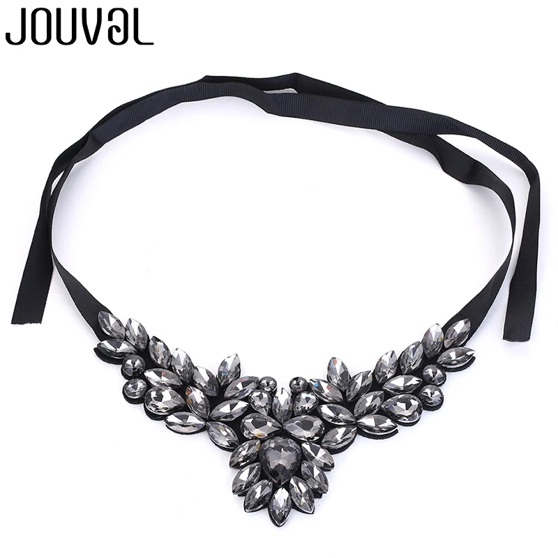 JOUVAL Black Crystal Collar Chokers Necklace Women Flower Ribbon
