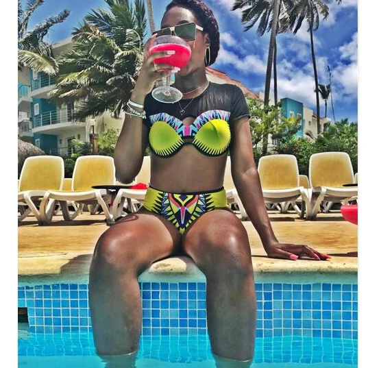 

2017 Totem Short Sleeve Swimwear Women Push Up Bikini High Waist Two Piece Swimsuit Vintage Bathing Suit Black Mesh Bikini