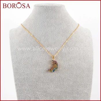 

BOROSA Druzy Jewelry 16Inch Gold Color Moon Rainbow Titanium Galaxy Necklace For Women G1611-N