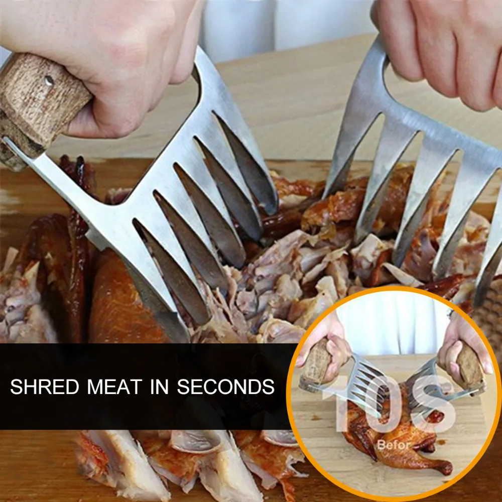 2 Pcs Wooden Handle Stainless Steel Bear Meat Claws Barbecue Fork Tongs Pull Meat Shred Roasting Fork BBQ Set Tool