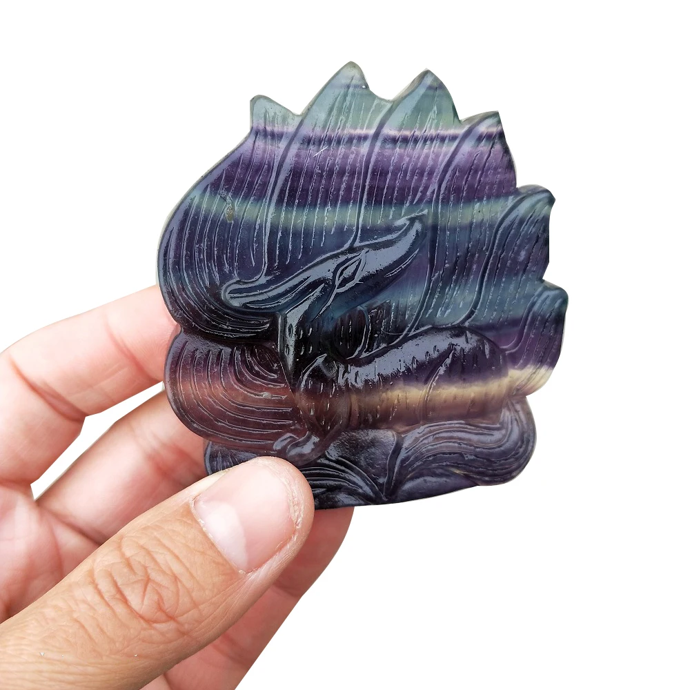 

Natural Crystal Mineral Colorful Fluorite Carving Nine-tailed Fox Gem Crystal Animal Crystal Carving Statue Decoration