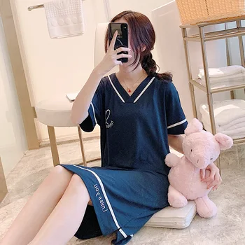 

Yidanna Women Summer Nightgown Short Sleeved Cotton Sleepshirt Female V Neck Casual Nightwear Fashion Sleep Clothing Lady Nighty