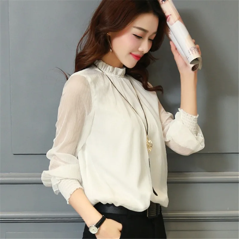 Модная шифоновая блузка на весну и осень, новая Корейская Повседневная рубашка с рюшами и воротником, женские рубашки с длинным рукавом, топы размера плюс, блузы - Цвет: Белый