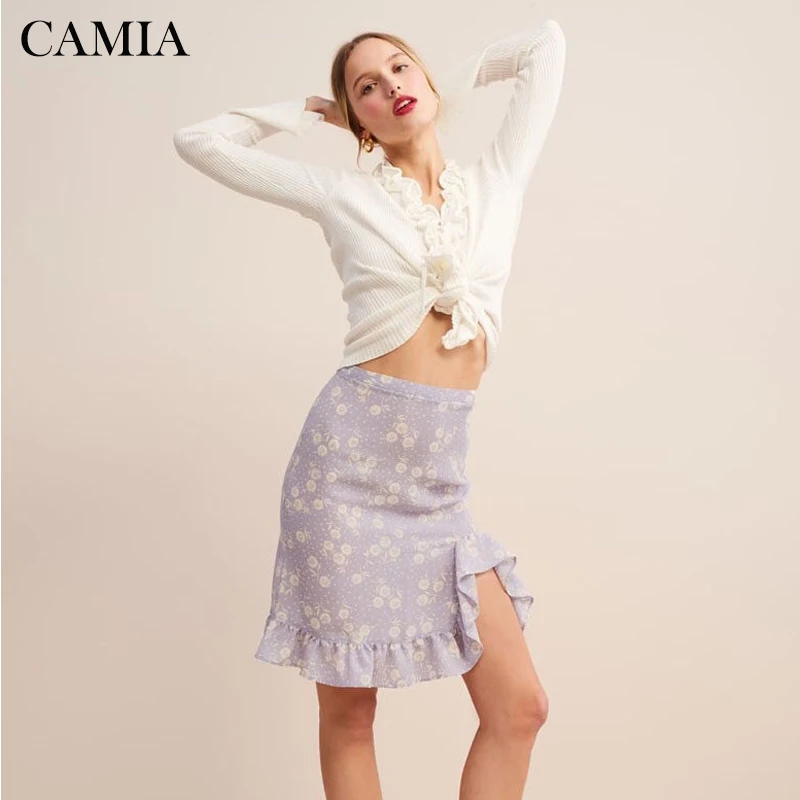 

CAMIA rouje style summer purple flower print vintage floral high waist ruffle fishtail woman skirt