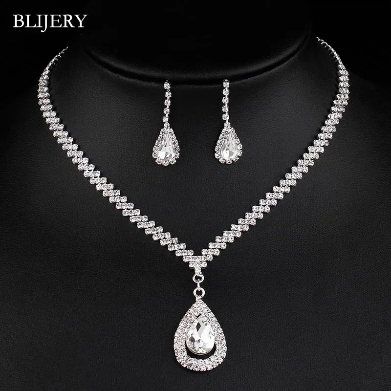 

BLIJERY Fashion Bridesmaid Bridal Jewelry Sets Silver Plated Crystal Long Drop Necklace Earrings for Women Wedding Jewelry Sets