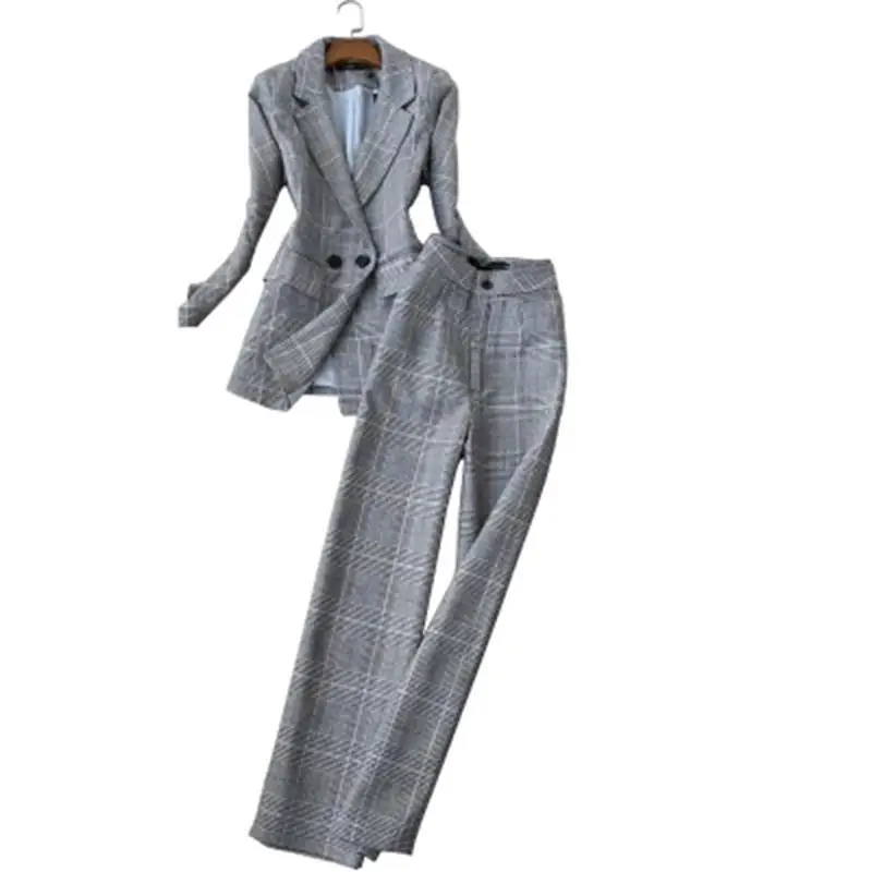 Plaid Pant Suits women's Autumn New fashion suit female ladies plaid imitation woolen suit + straight wide leg pants two-piece