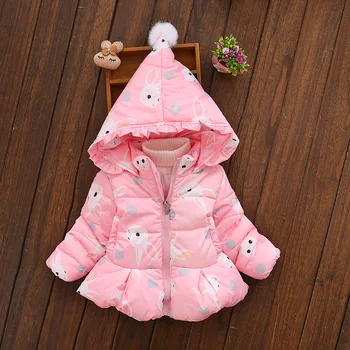 

1-3T Children Girls Winter Jackets Girl Hooded Winter Coat Cute Rabbit Printed Girls Clothes