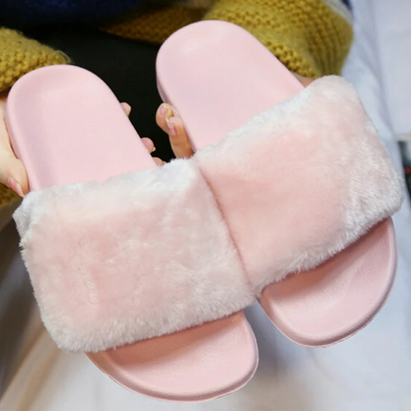 pink fuzzy flip flop slippers