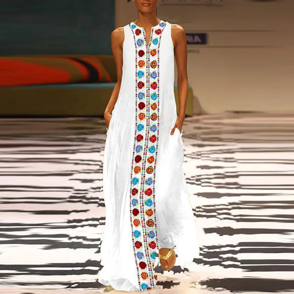 

2019 Hot Sale Long Dresses Maxi Women Dress Elegant Strapless Wrap Dress Sexy Print Sleeveless V-Neck Beach Vestidos De Verano