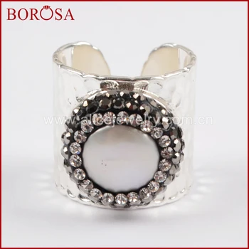 

BOROSA Silver Color Natural Pearl Band Ring,Round Freshwater Pearl Rhinestone Paved Zircon Fashion Cuff Ring Drusy JAB795