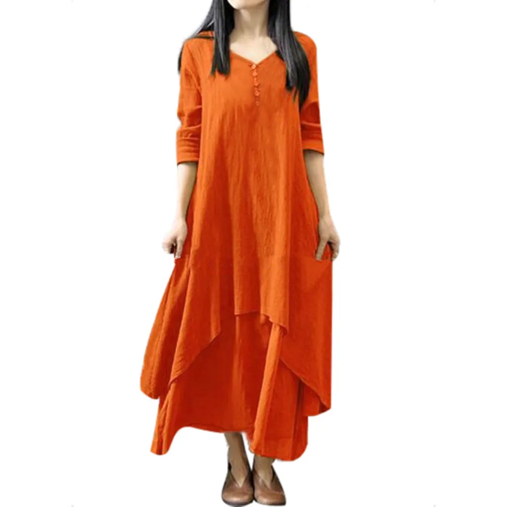 

JAYCOSIN Women's Clothing V-Neck Long Sleeve Loose Dress Ladies Fashion Casual Cotton Linen Boho Solid Color Irregular Dress