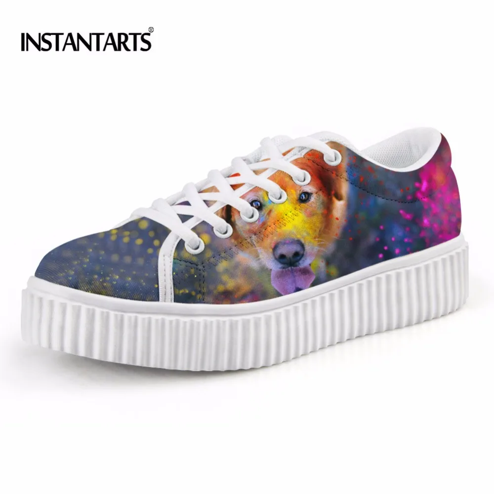 

INSTANTARTS Stylish Colorful Animal Printing Women Flat Shoes Breathable Casual Lace Up Platform Shoes for Girls Lady Dog Flats