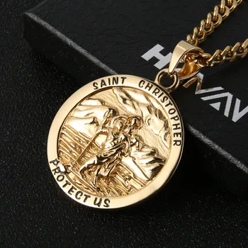 

HZMAN Round St. Christopher Pendant Necklace Medal Solid Stainless Steel with 22+2" Cuban Curb Chain