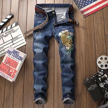 2019 High quality slim fit jeans men embroidery fashion brand straight ripped hole blue denim trousers homme plus size 38 pants 2019 High quality slim fit jeans men embroidery fashion brand straight ripped hole blue denim trousers homme plus size 38 pants