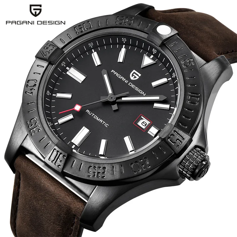 

PAGANI DESIGN Fashion Leather Mens Watch Automatic Self-Wind Mechanical Date Hour Clock Aviator Military Sport Men's Wrist Watch