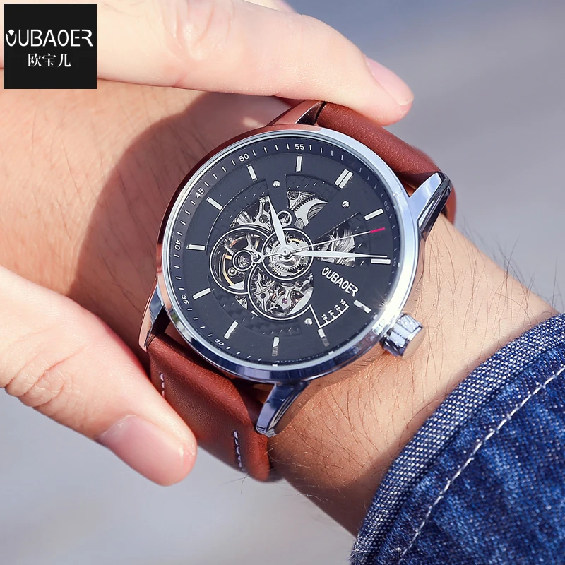 Men Watches Oubaoer Automatic Mechanical Watch Leather Clock Casual Business Watch Top Brand Spor-6