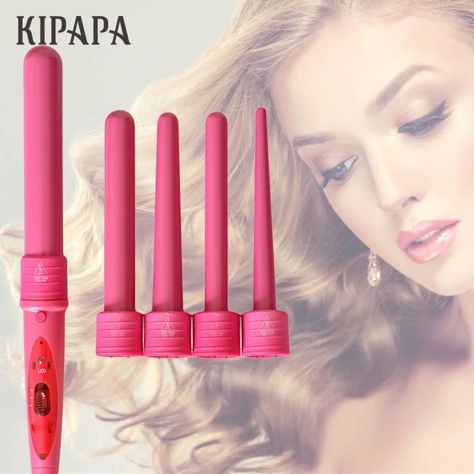 

KIPAPA 5 In 1 Curling Wand Set 0.35-1.25 Inch Pink Ceramic Hair Wand Curling Iron 1pc Hair Curler with Heat Resistant Glove