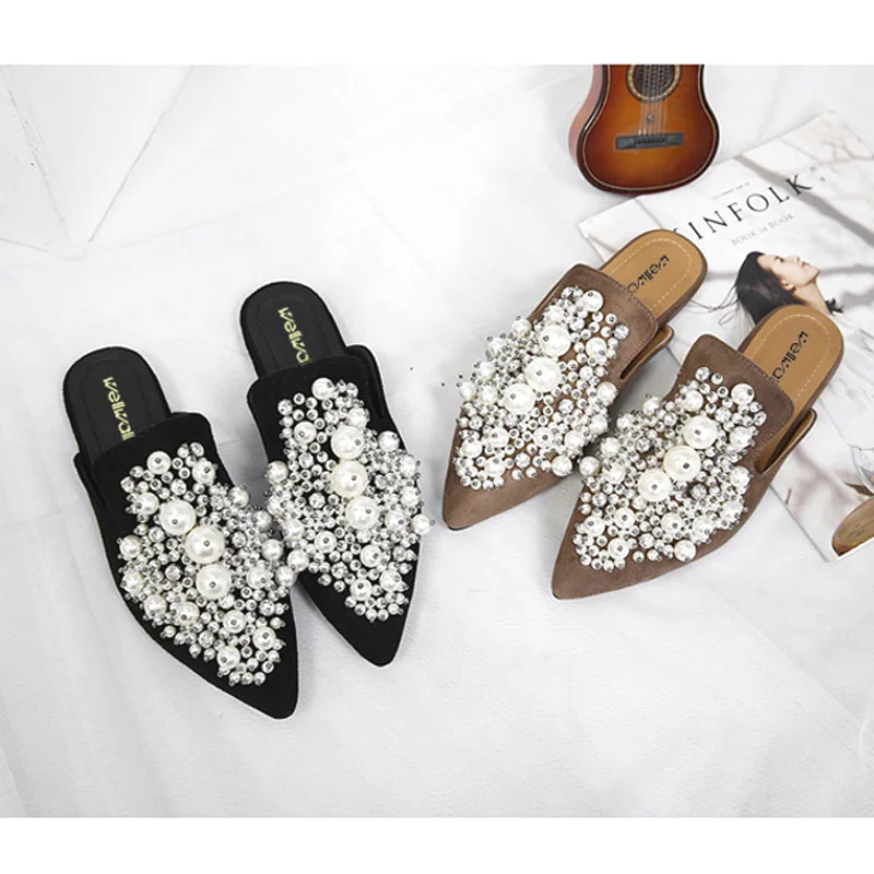 flat mules with pearls