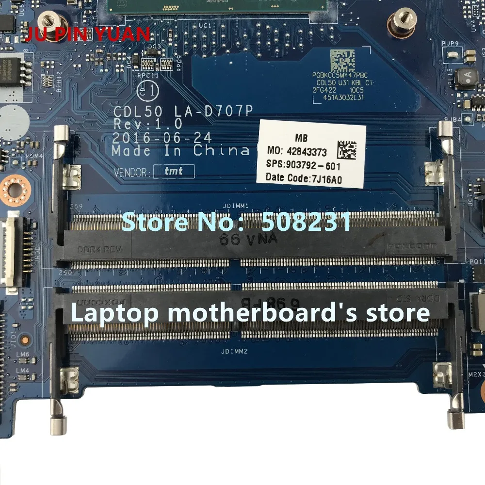 JU PIN YUAN 903792-601 LA-D707P-501 903792 для hp ноутбук 15-AY 15T-AY 15-AY173DX Материнская плата ноутбука i5-7200U полностью протестирована